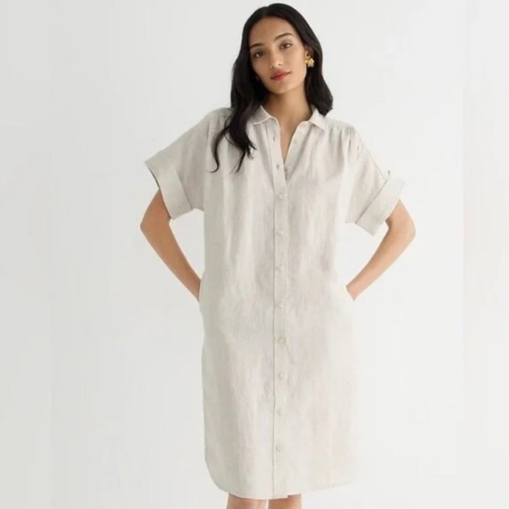 J Crew Baird McNutt Irish Linen Shirt Dress Khaki Tan Beige Flax Small Relaxed